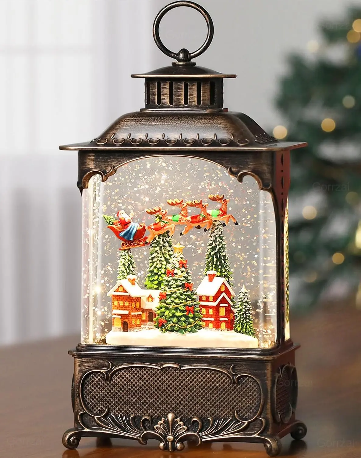 Snow Globe Lantern Lighted Musical Indoor Christmas Decorations with Music Timer Swirling Glitter Santa Reindeer Navidad Decor USB or Battery Operated