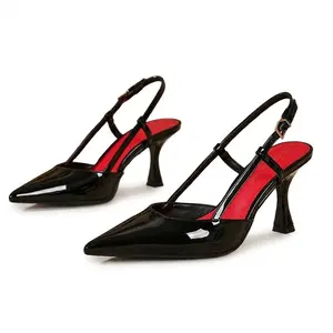 Women's Sexy Black Patent Leather Slingback Heels, Pointed Toe Kitten Heel Pumps, Classy Elegant High Heels, Versatile Casual & Party Footwear, Fashion Dress Shoes