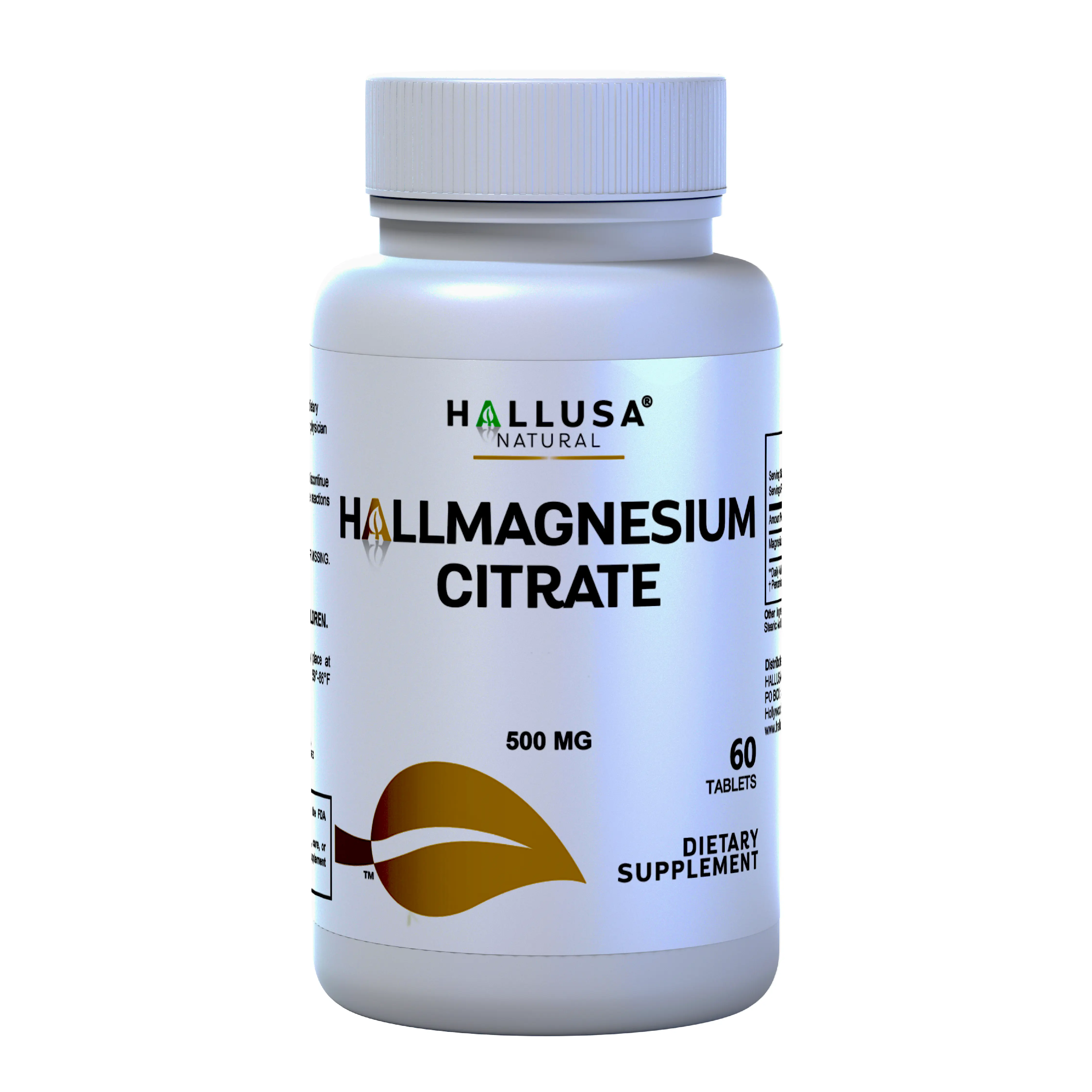 Hallusa Natural HallMagnesium 500 mg Magnesium Citrate Tablets - 60 Count Adult Healthcare Dietary Supplement with Natural Ingredients for Calm, Relaxation, Mineral Support