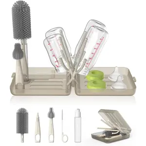 Travel Bottle Brush Set, Auto-Open Rack & Vertical Brushs Drying Slots, 3 Brushes, Foldable Drying Rack, Dispenser, Travel for On-The-Go Parents, Transparent Coffee