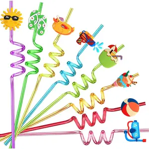 24 PCS Crazy Straws for Kids Bulk, Pool Party Favors, Beach Party Favors for Kids Birthday, Summer Pool Party Decorations Supplies, End of Year Student Gifts with 2 Cleaning Brushes Colorful Disposable