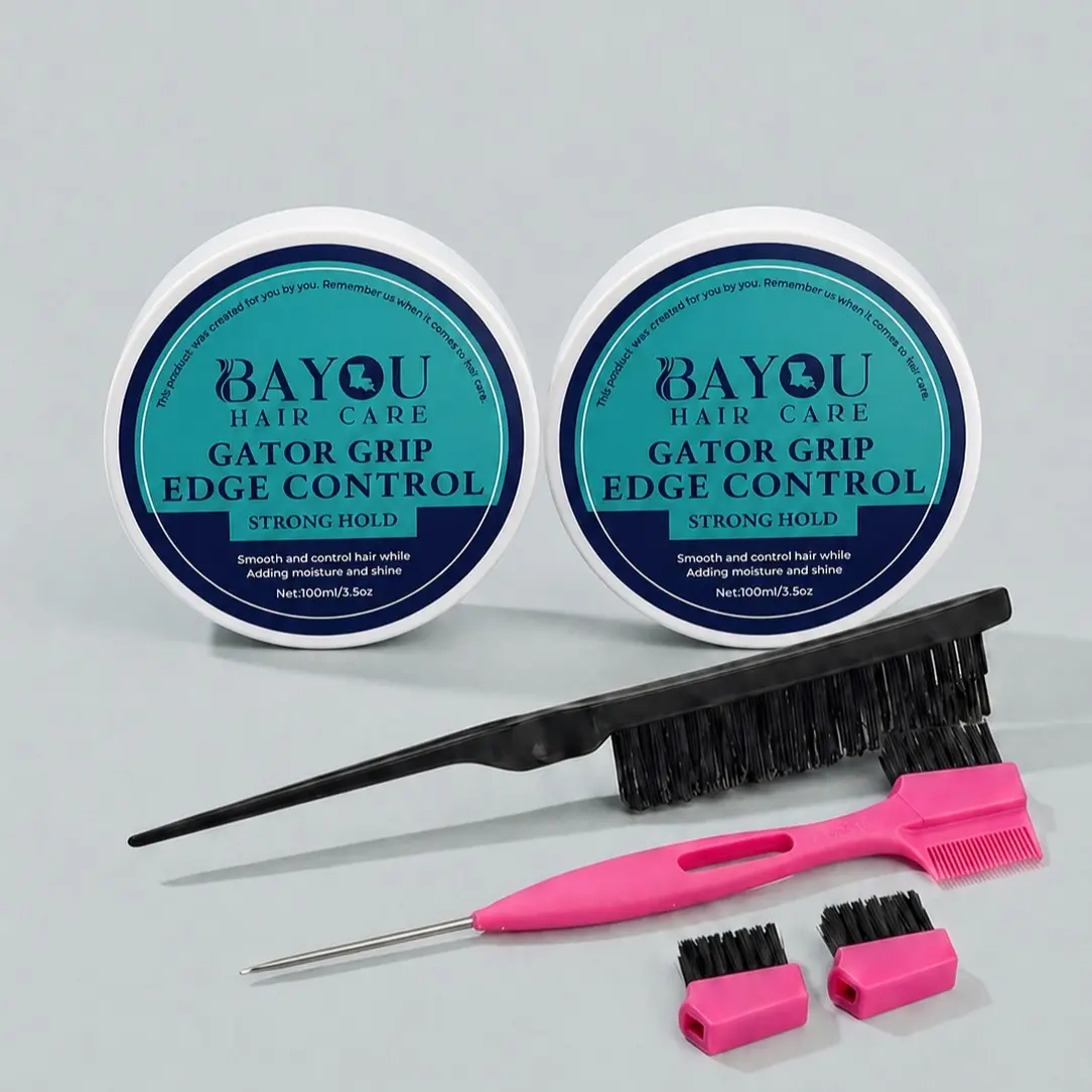 Bayou Hair Care Braider Bundle, 4-Piece Strong Hold Edge Control Styling Kit with 2 Gels (3.5 oz) & 2 Brushes for Smooth, Curly Hair - Unisex, Haircare