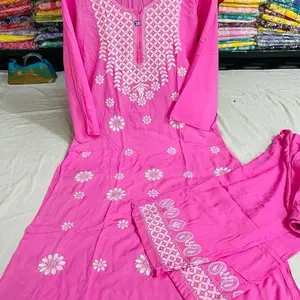 Rayon Lucknow Chikankari work Embroidered Designer Kurti with Plazzo - Comfortable Knee Length, Elegant Design, 2pcs Set for Women - Dress, Elegance, Style, Womenswear, Embroidery, Suit, Casual