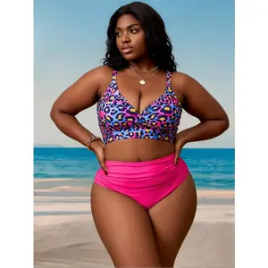 2026 New Luxury Leopard Print Bikini Set, V-Neck Cross Design & High Waist Bottom, Plus Size Tummy-Hiding Vacation Swimwear Bikini Set For Women