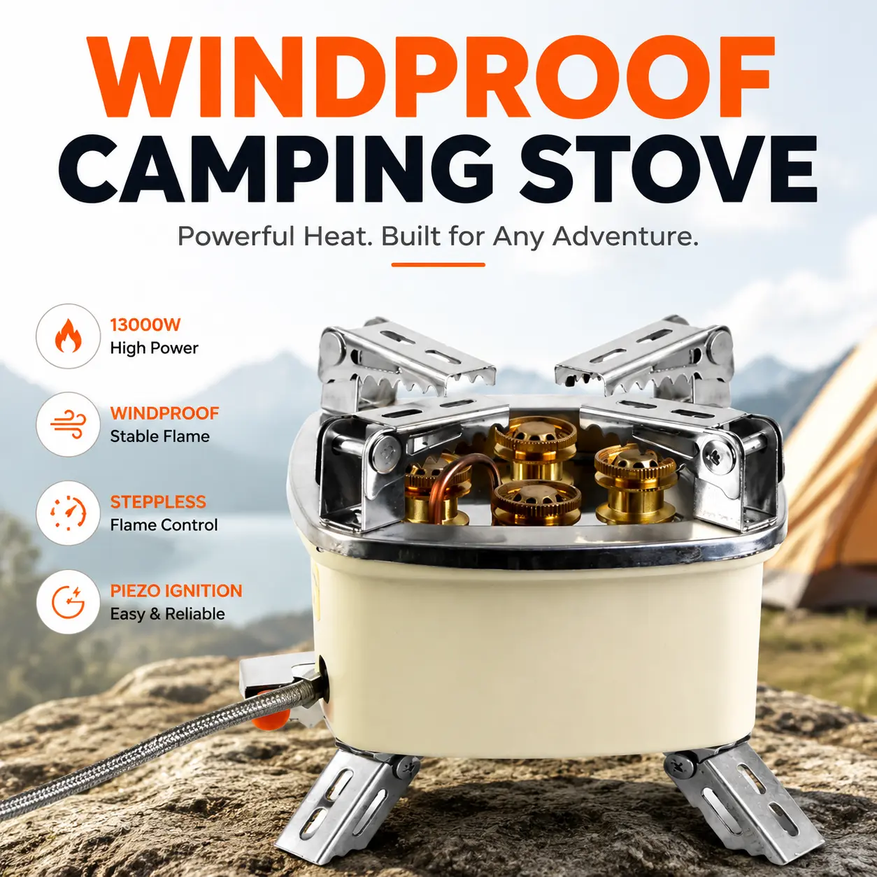13000W High Power 5-Burner Foldable Portable Outdoor Camping Gas Cooker - Windproof, Piezo Ignition, Stepless Adjustable Flame, Copper & Stainless Steel Build, Foldable Portable Design, Outdoor Cooking Station, for Group Use, Camping, Fishing (5414), Camp
