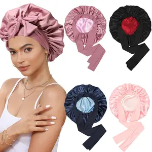 AWAYTR Satin Bonnet for Sleeping Silk-Like Sleep Cap Double Layer Hair Bonnet with Elastic Tie Band for Curly Hair Night Cap