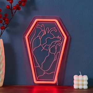 3D Heart Shaped Tombstone Neon Light, Ambient Lights, Cool RIP Design for Halloween, USB Powered Indoor Decor for Game Room, Garage, and Bar