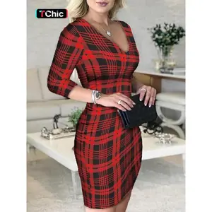 Women's Tartan Print V Neck Bodycon Dress, Casual Fashion 3/4 Length Sleeve Dress for Daily Outdoor Wear, Women Dress for Fall & Winter