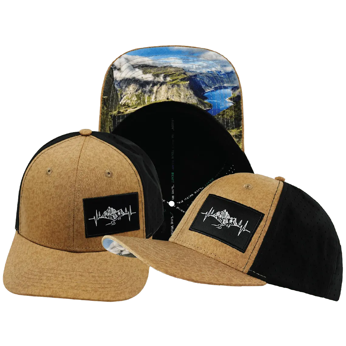 Mountains Hat - Baseball Hat Fit - Tan Textured / Black - Laser Mesh