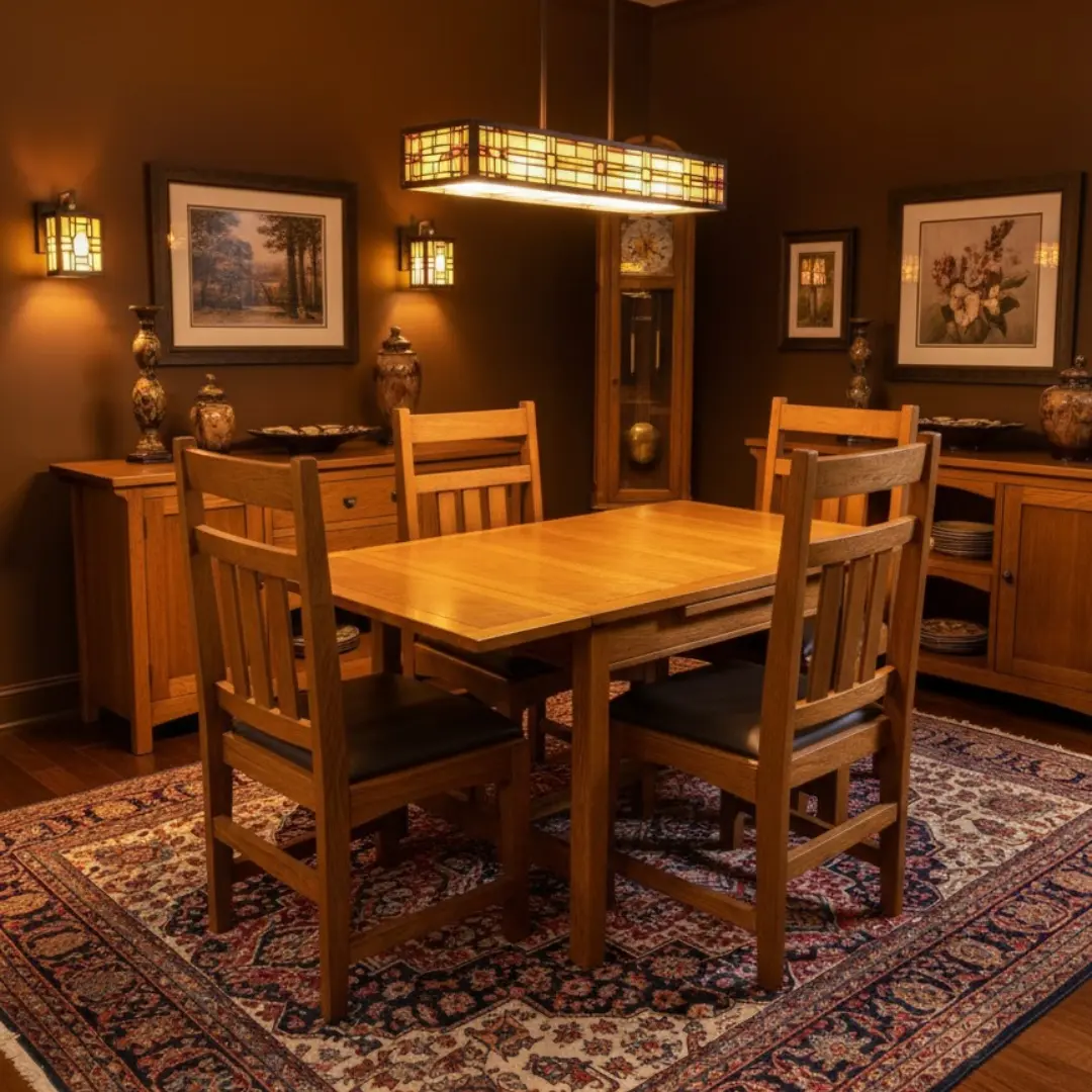 Mission Oak Wood Arts & Crafts Multi-Piece Dining Room Set - 4 Oak Wood Dining Chairs, 2 Self-Storing Leaves, Dark Walnut Finish, 49"w 29.50"d 29"h, 4 Seats