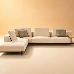 Italian Modern Curved Modular Fabric Sectional Sofa with Built-In Walnut Side Table, Oversized Deep Seat Linen Upholstered Corner Couch, Low Profile Metal Frame Luxury Sofa for Warm Wabi-Sabi Living Room