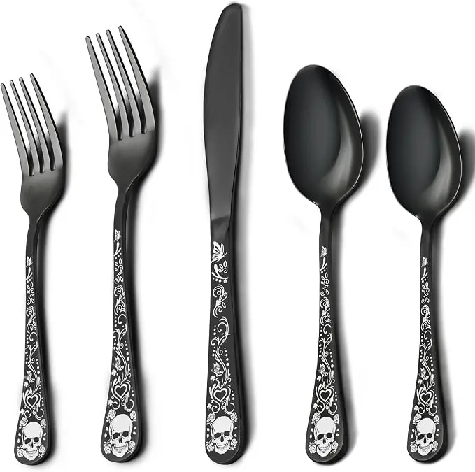 Skull Black Silverware Set for 4, 20-Piece Black Flatware Set, Gothic Skeleton Cutlery for Decoration, Halloween, Christmas, Party, Gift, Housewarming