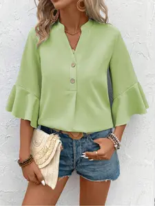 Women's Casual Summer New Style Lapel Pleated Sleeve Shirt, Fashionable Ladies' Top for Daily Wear