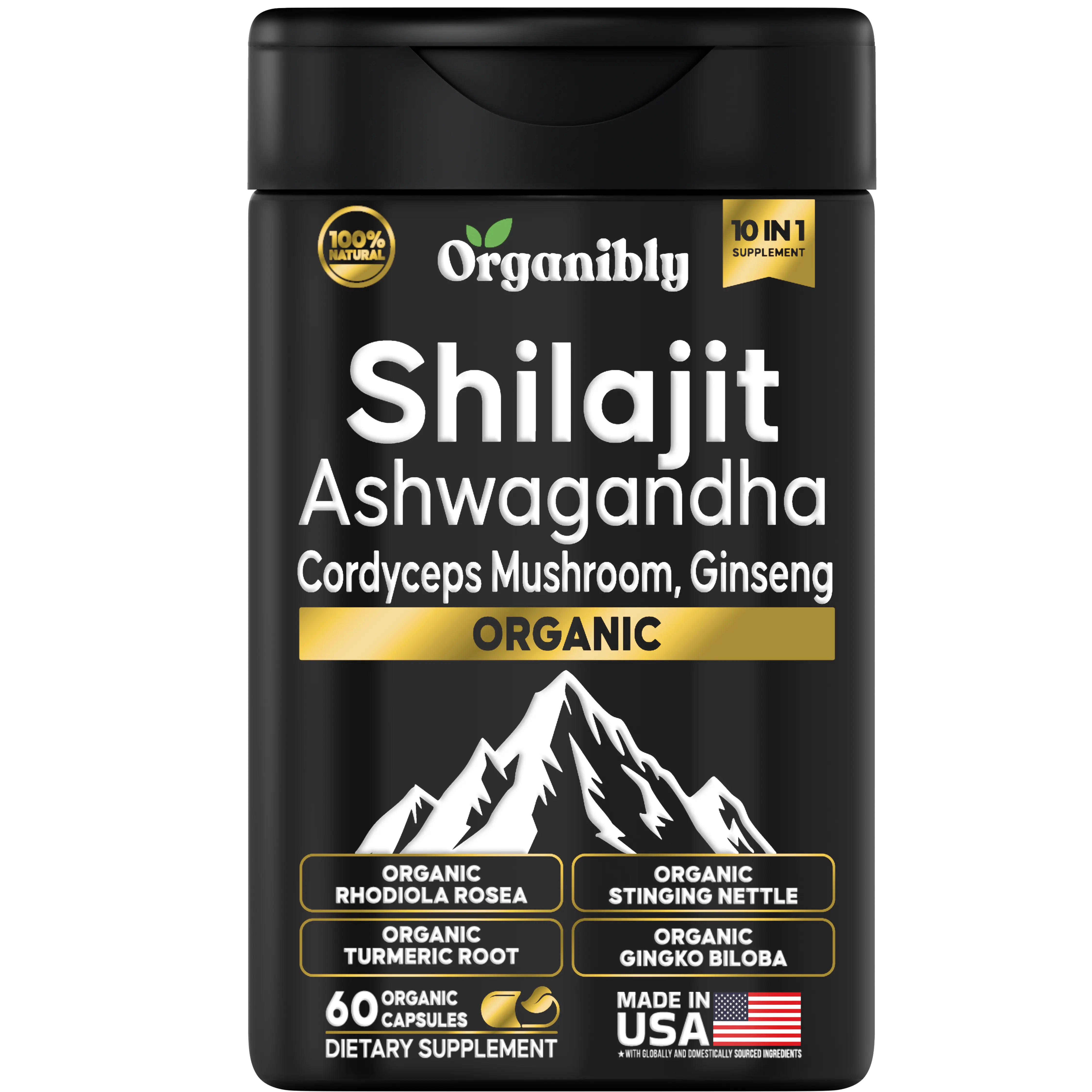 Organibly Pure Himalayan Shilajit Supplement | MultiMineral Ashwagandha, Cordyceps Mushroom, Rhodiola Rosea  & Tumeric - Health & Welness Supplement Capsule Healthcare Edible Fitness | Made In USA