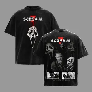Menswear Stu Macher & Matthew Lillard Vintage Washed Loose-Fit Short-Sleeve Round Neck Casual T-Shirt - Horror Movie Ghostface Retro 90s Streetwear Unisex Be Right Back Top - 100% Cotton Double-Sided Graphic Tee - Gift for Horror Fans