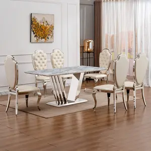 Marble Dining Table for 6 People, 70'' Rectangle Faux Marble Dining Table with Mirrored Finish Stainless Steel Base, Modern Large Size Marble Kitchen Table (only table)