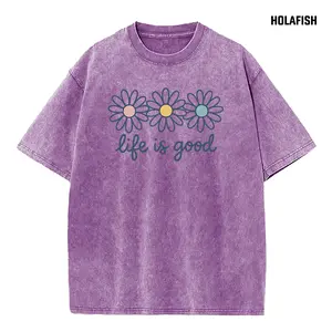 Holafish Acid Wash Cotton T-Shirt with Daisy Print Drop Shoulder Design for Vintage Streetwear Unisex Baggy Hip Hop Style Acid Washed Graphic TeeMother's Day Gift