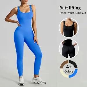 Women's Slim-Fitting Ribbed Jumpsuit Square Neck Sleeveless Bodycon Romper for Workout Solid Color One Piece Sport Outfits