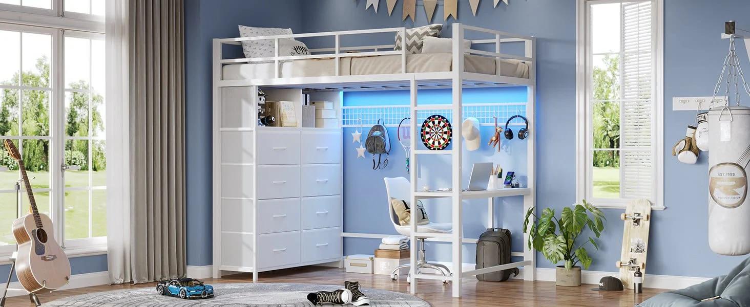 Twin Size LED Loft Bed Frame with Desk and 8 Drawers White Twin Size LED Loft Bed Frame with Desk and 8 Drawers White