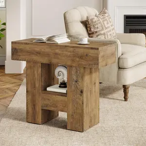 LITTLE TREE Narrow End Table, Farmhouse Sofa Side Table with 2-Tier Storage Shelf and Heavy Duty Base for Living Room