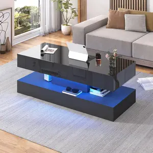 High Glossy LED Coffee Table,Modern Coffee Table for Living Room,Living Room Tables,Large Living Room Furniture,APP LED Lights,Black/White Coffee Table for Living Room (Black)