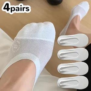 4-Pair Women's Breathable Mesh No-Heel Socks with Silicone Grip - Ultra-Thin, Non-Slip, Invisible White Boat Socks - Perfect Gift for Family and Friends, Ideal for Casual Apparel, Casual Wear Socks |     Invisible Socks |     Glossy Surface Socks, Cute So