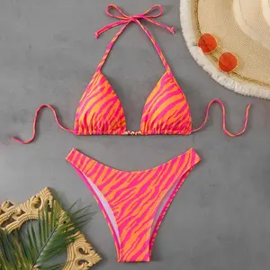 Pink & Orange Zebra Print Women'S 2 Piece Bikini Sets Halter Neck Tie Side Bottoms Beach Swimsuit Bathing Suit Beachwear