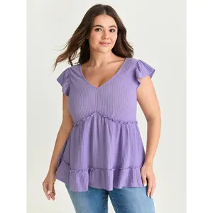 BLOOMCHIC Plus Size Stretchy Spandex Fabric Knit Top - Flutter Sleeves Textured Garment Shirts-Blouse Hybrid [M-6X] 2026 Summer Vibes