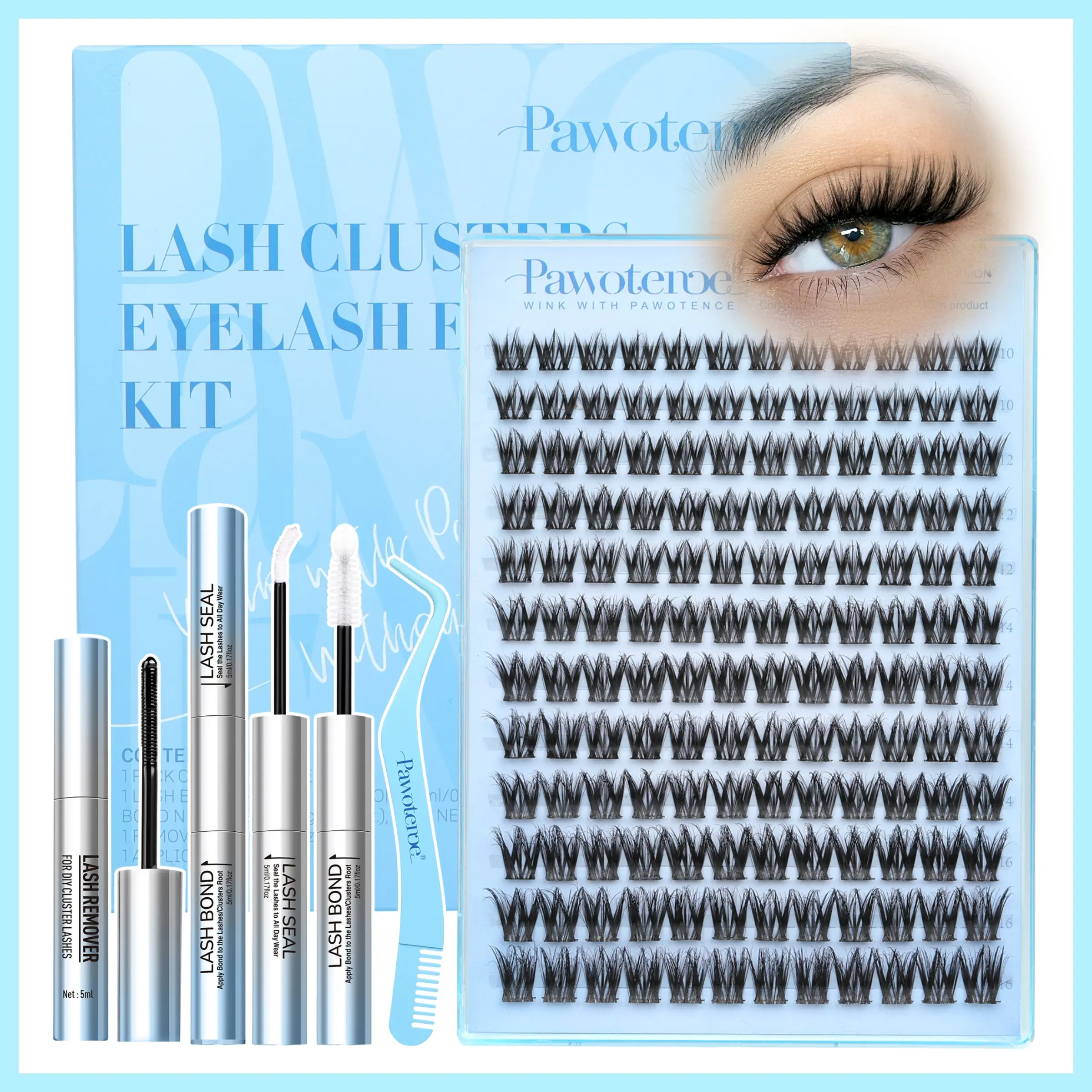 Pawotence Natural Wispy Lash Clusters Kit Spider Cluster Lashes D Curl Lash Extensions Comfortable, Super Soft, Thin Band, Long Lasting Eyelashes DIY Lash Extensions for Birghten Your Eyes Daily Makeup Beginner Friendly