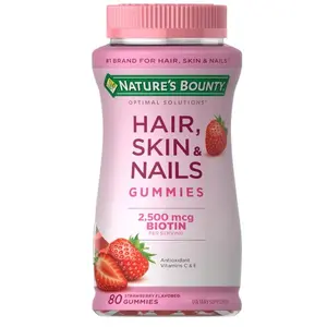 Nature's Bounty Optimal Solutions Hair, Skin & Nails Vitamin Gummies with Biotin, 2500 mcg, Strawberry, 80 Count, 40 Total Servings