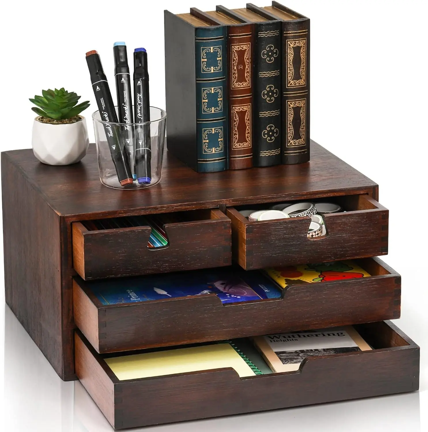 100% Natural Bamboo Desk Organizer - 3-Layer Fully Assembled Desk Storage with 4 Drawers, Dark Brown Tabletop Cabinet for Makeup, Letters, Home Use, Cute Face