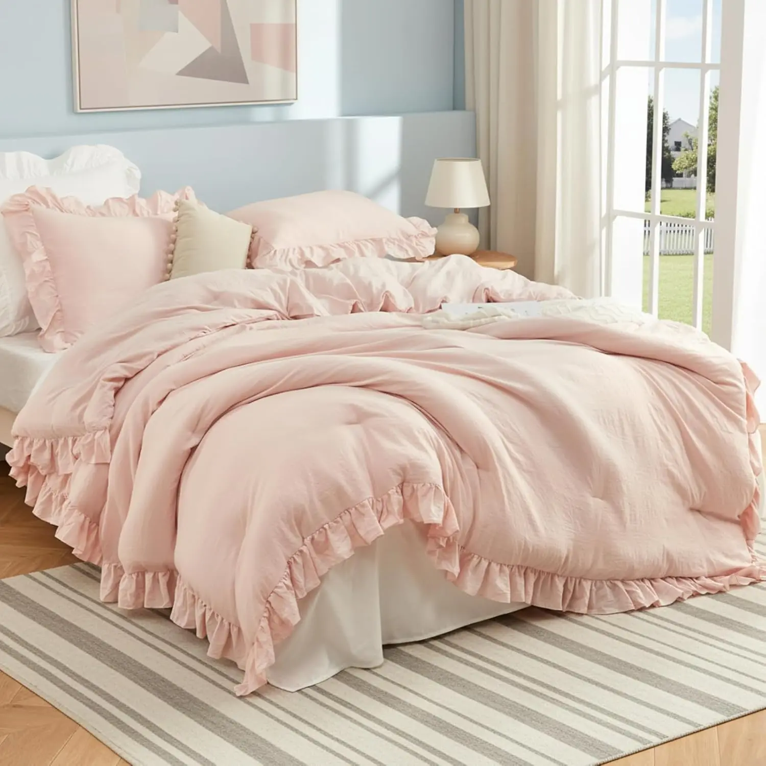 Ruffled Fulll Size Comforter Set, 3 count Soft Washed Microfiber Lightweight &  -Season Bedding Comforter with   Country Style, , 79x90 in