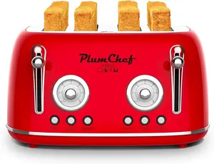 4 Slice Retro Style Toaster, Dual Control Toaster, 6 Browning Settings, Bagel/Defrost Functions, Removable Crumb Tray, Stainless Steel Housing 1650W, Red toaster