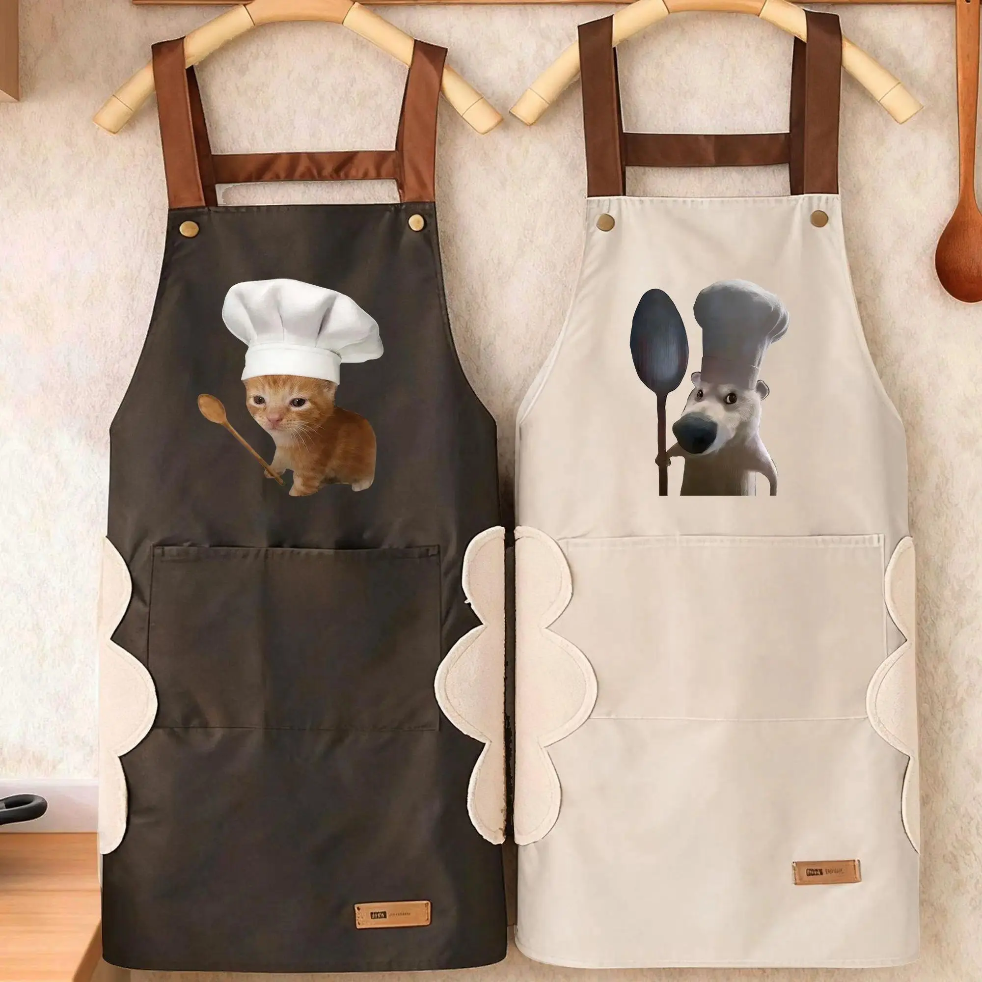 Viral Meme Chef Cat & Dog Character Graphic Bib Apron, Waterproof Oil-Proof Adjustable Funny Pocket Apron, Home & BBQ Uniform Gift for Pet Lovers with Humorous Label, Character Graphic Aprons