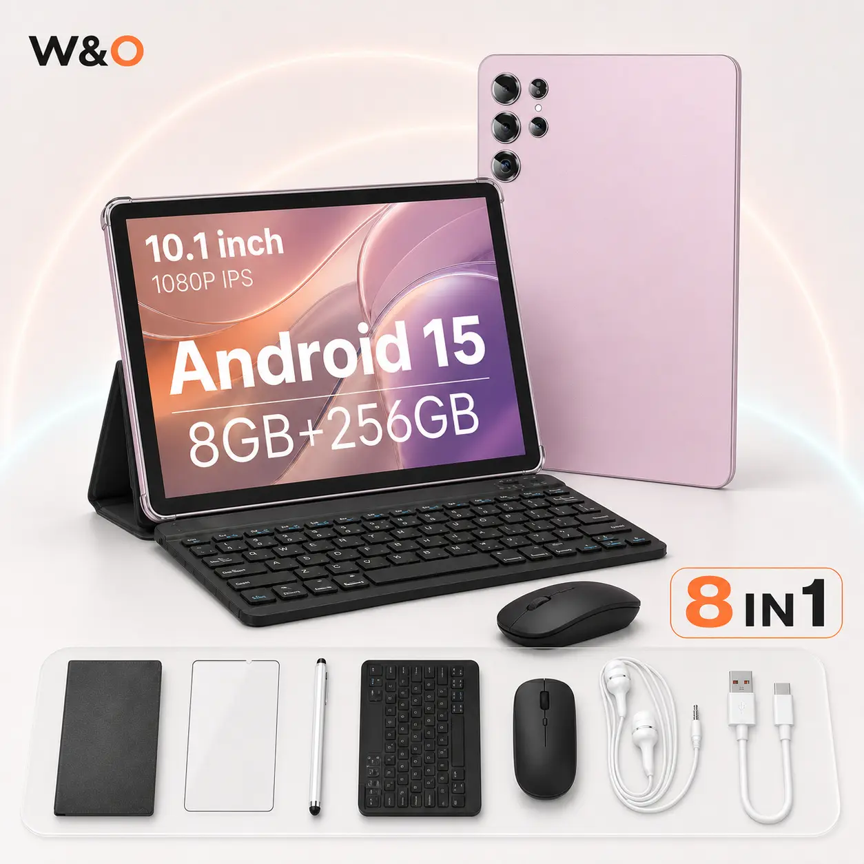 W&O 10.1 inch Android 15 Tablet PC, 12GB RAM+256GB Expandable Storage, HD Touchscreen, 10000mAh Battery, 5G WiFi, Tools Bundle (Keyboard, Mouse, Case, Stylus), Dual Camera Photo Video Capabilities, for School, Work, Android Tablet Pc,sohochic
