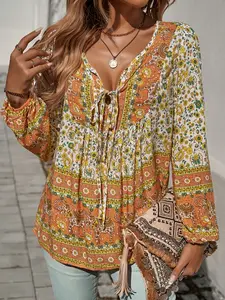 [Bohemian Floral Blouse] Bohemian ZAFUL Women's Floral Print V-Neck Blouse - Long Sleeve Loose Rayon Top with Paisley Pattern - Casual All-Season Wear for Festivals and Everyday Outfits Shirts Womenswear Boho Embroidered Embroidery Fitted going outfits