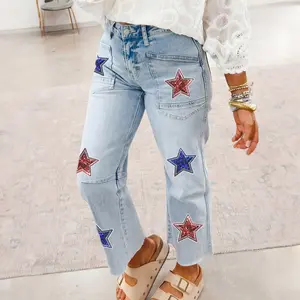 Patriotic Sequin Stars Patch Pocket Shift Jeans