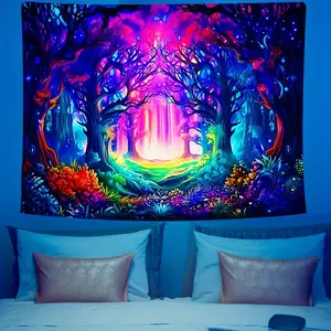 1pc Mysterious Forest UV Black Light Tapestry, Natural Plants large Size Peach Light Beige Fluorescent Tapestry, Bedroom Aesthetic Hanging Tapestry for Bedroom Office Living Room Home Decor, with Free Accessories, Bedroom Wall Art, Wall Hanging Decor, Art