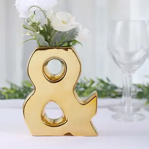 Ceramic Symbol "&" Vase Shiny Gold Plated 6" - Stylish Bud Planter Pot for Table Centerpieces