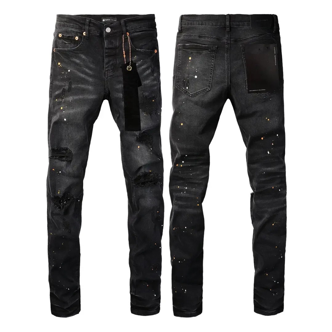 Men’s Distressed Black Skinny Jeans - Ripped Paint Splatter Denim, Slim Fit Streetwear Designer Pants