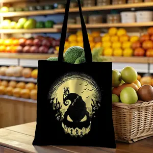 The Nightmare Before Christmas  Tote Bag - Spooky Halloween Design Canvas Bag with Pumpkin Moon Castle Print, Large Durable Reusable Shopping Bag for Fans, Gifts, and Daily Use