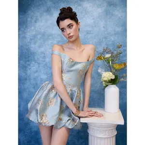 Cider Jacquard Off-shoulder Floral Bubble Hem Mini Dress