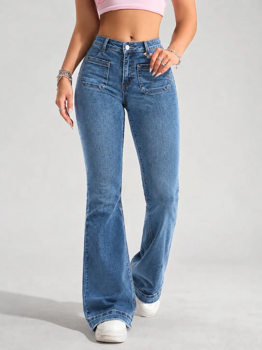 Womenswear Women's High-Waist Stretch Medium-Wash Jeans with Front Patch Pocket, Vintage Y2K Casual Bell-Bottom Bootcut Denim Pants
