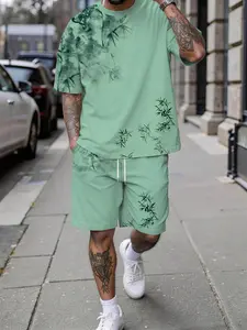 3D digital print two-piece set, ink wash green bamboo print trendy men's outfit, vacation-style fashionable wear, breathable sporty casual style, the perfect holiday gift for men