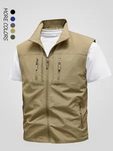 Men's Solid Pocket Zipper Vest Jacket Gilet without Tee, Regular Fit Casual Sleeveless Collared Outerwear for Spring & Fall, Men's Clothes for Outdoor Activities