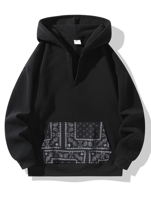 Unisex Retro Ethnic Patchwork Half Zip Hoodie, Casual Comfy Regular Fit Long Sleeve Pullover for Fall & Winter Daily Wear