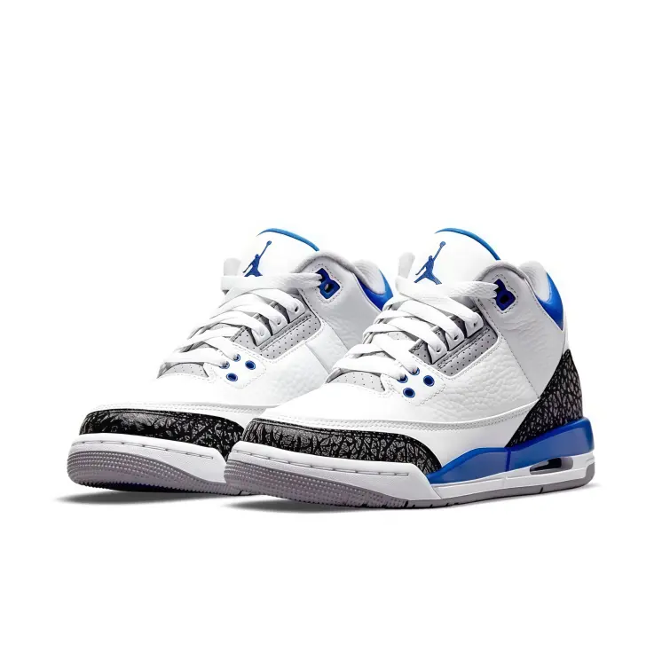 Cushioned Mid Top Basketball Shoes, White Upper with Distinct Crackled Black and Royal Blue Blocks