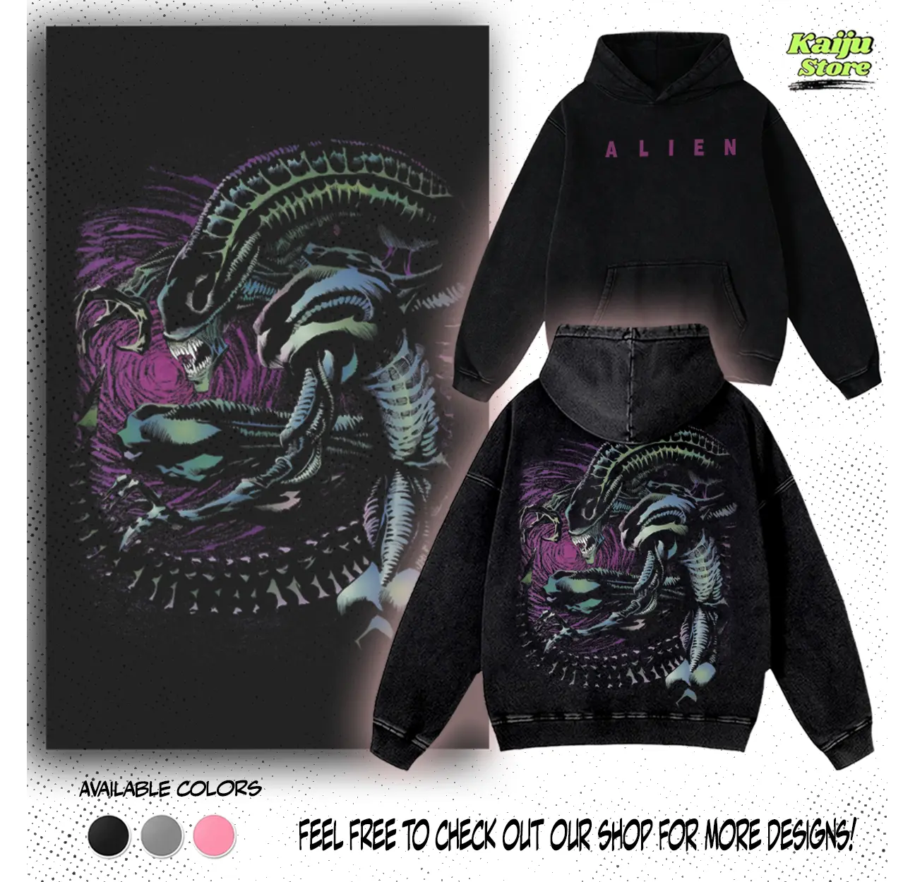 Alien Xenomorph Movie Graphic Vintage Washed Hoodie | Tshirt  Sci-Fi Horror Streetwear Pullover, Cyberpunk Aesthetic Graphic Tees Premium Cotton Heavyweight Sweatshirt, Unisex Gothic Fashion Gift