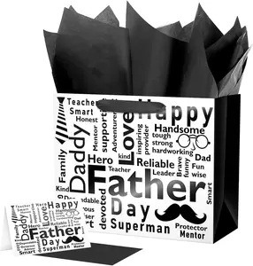 Large Father's Day Bag with Tissue Paper and Card 12.6" Black and White Gift Bag for Father's Day