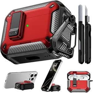 Airpods Pro 3 Case 2025, with Safety Lock & Phone Stand for AirPods Pro 3rd Generation Case Cover with Cleaner & Keychain, Shockproof & Anti-Scratch, Auto-Open, Compatible with MagSafe（Red）